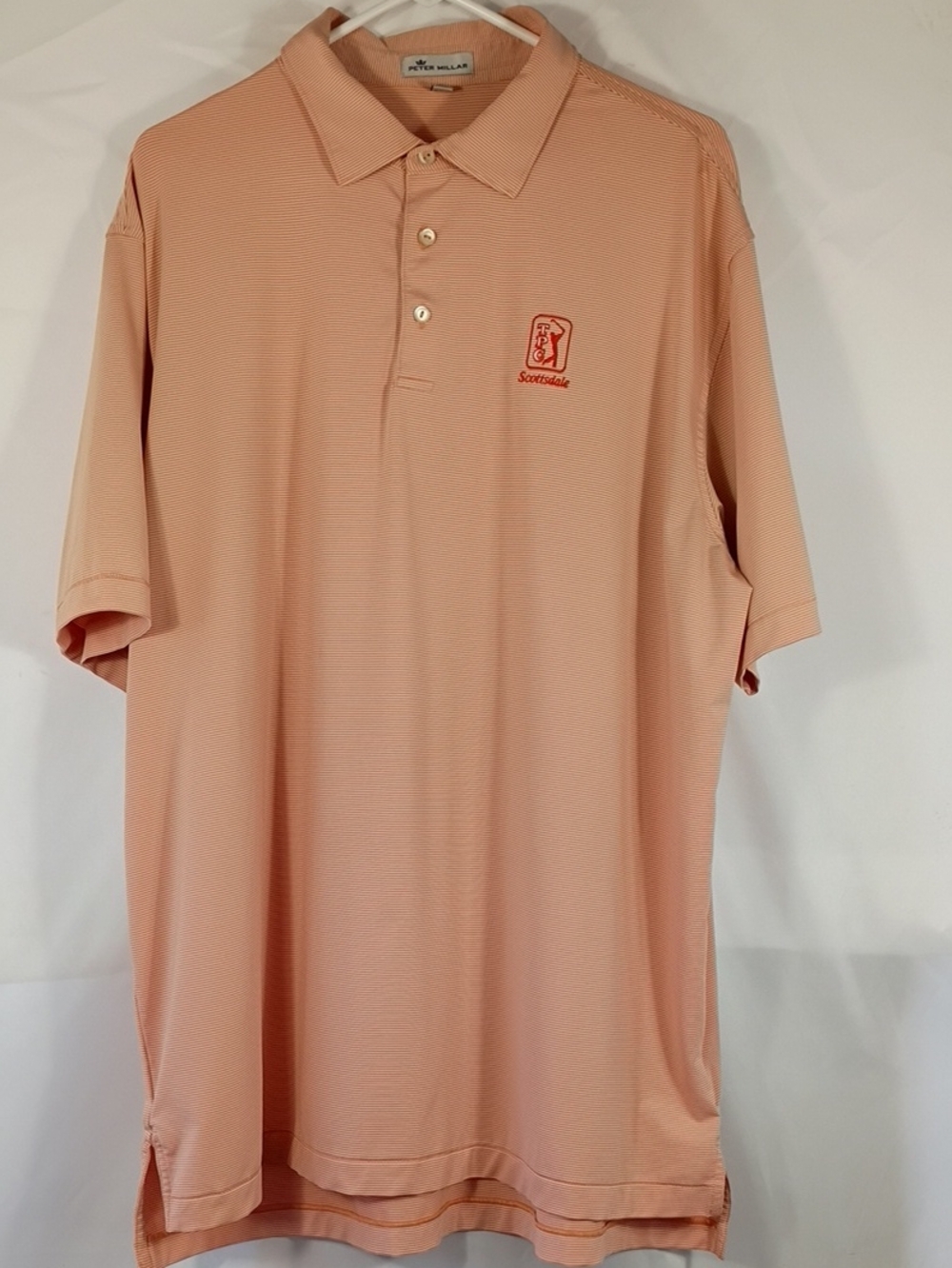 EUC Peter Millar Men’s Peach Stripes Polo Shirt TPC Scottsdale Logo Size XL